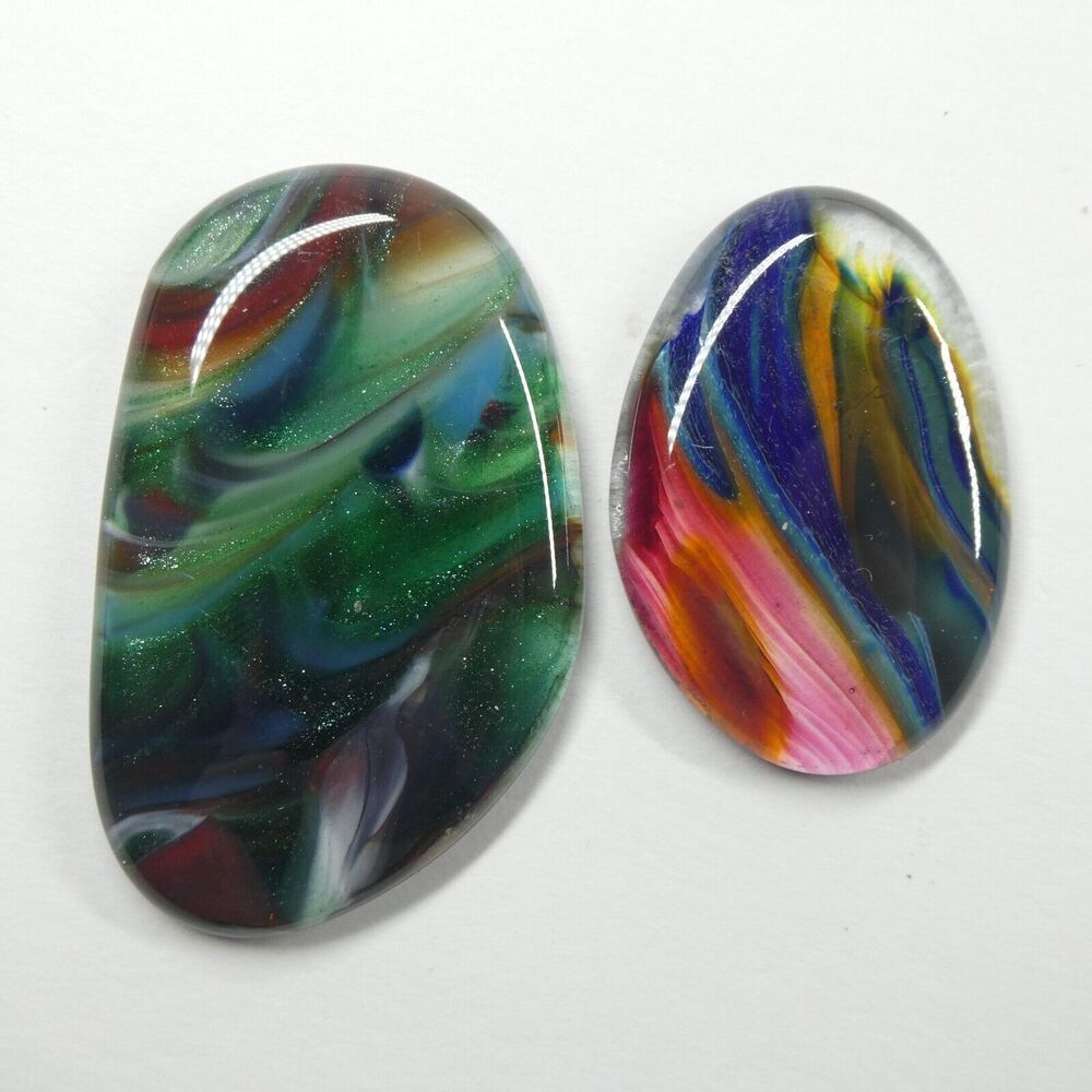 2 Swirled Glass Cabochons Colorful Rainbow Green Pink